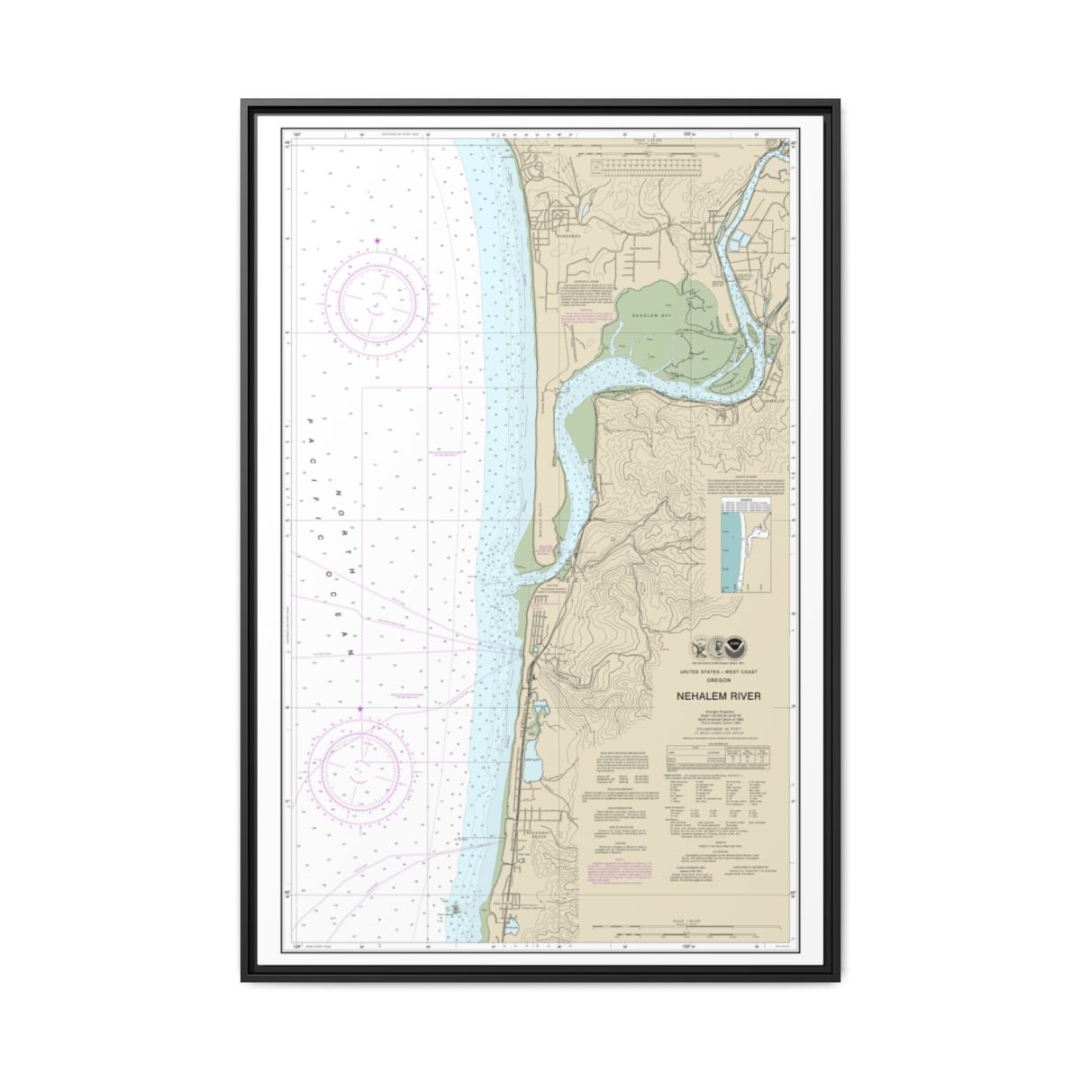 Chart 18556 Nehalem River - NOAA Nautical Chart Floating Frame Canvas | 20" x 30" | 24" x 36" | 32" x 48" - Black front