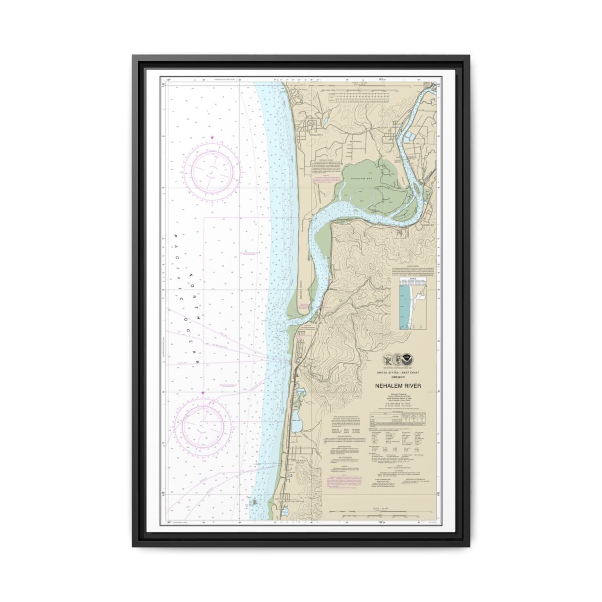 Chart 18556 Nehalem River - NOAA Nautical Chart Floating Frame Canvas | 20" x 30" | 24" x 36" | 32" x 48" - Black front