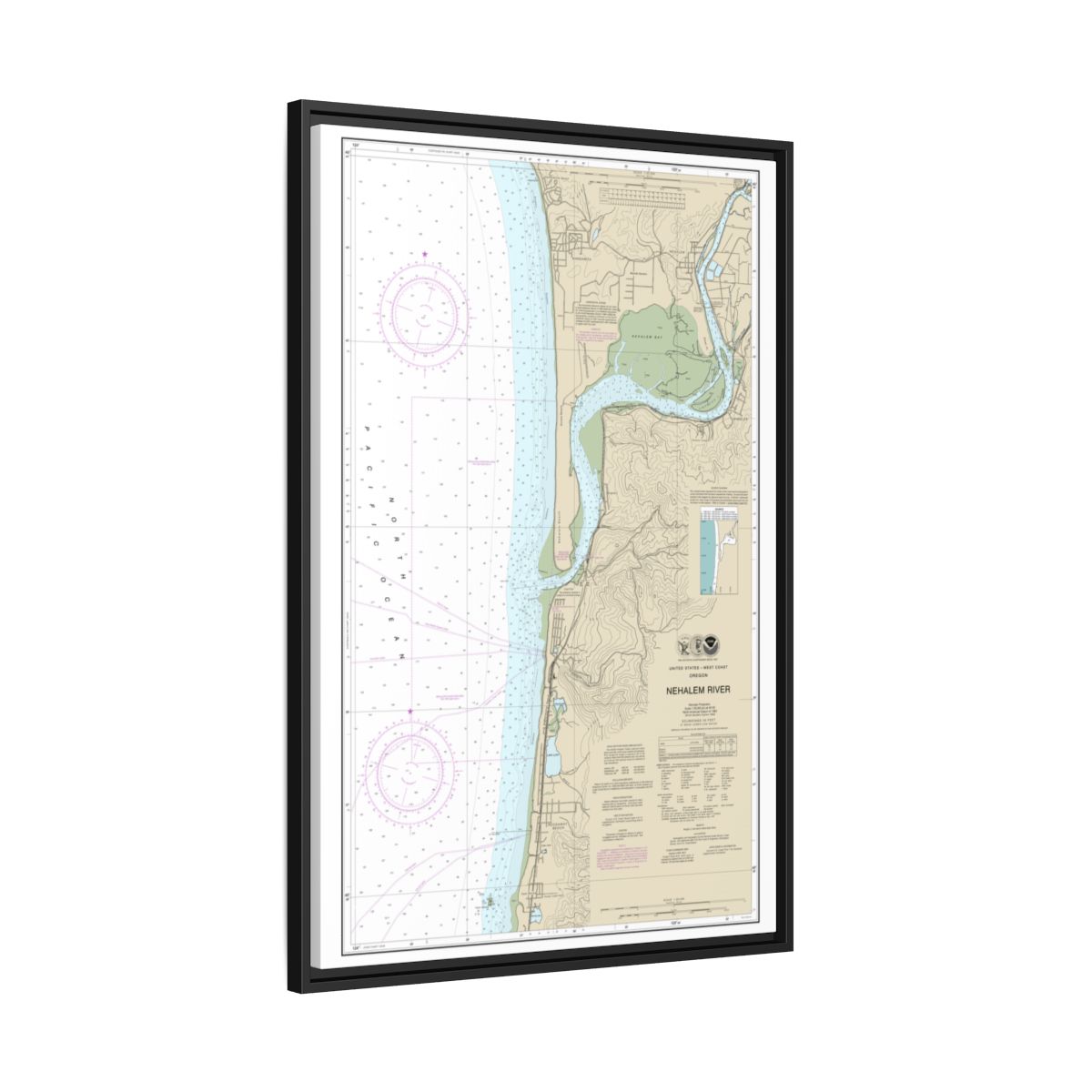 Chart 18556 Nehalem River - NOAA Nautical Chart Floating Frame Canvas | 20" x 30" | 24" x 36" | 32" x 48" - Black side