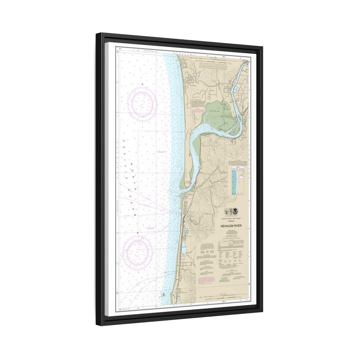 Chart 18556 Nehalem River - NOAA Nautical Chart Floating Frame Canvas | 20" x 30" | 24" x 36" | 32" x 48" - Black side