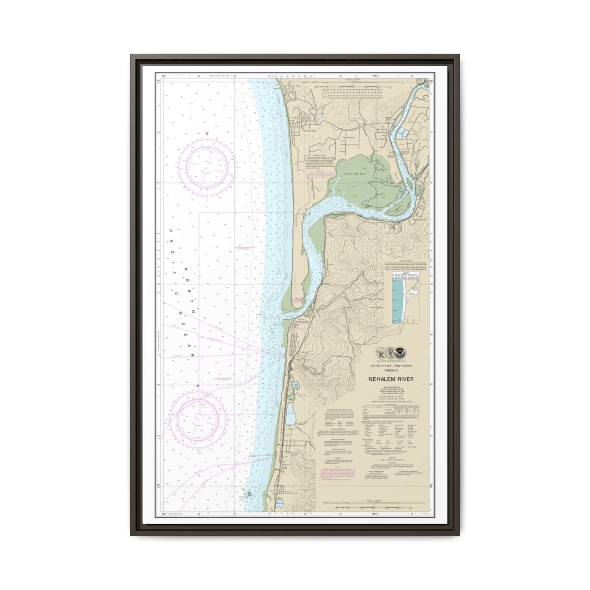 Chart 18556 Nehalem River - NOAA Nautical Chart Floating Frame Canvas | 20" x 30" | 24" x 36" | 32" x 48" - Espresso front