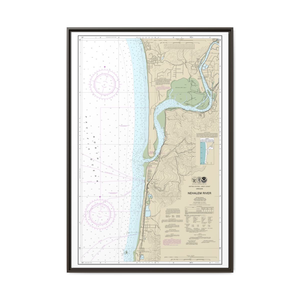 Chart 18556 Nehalem River - NOAA Nautical Chart Floating Frame Canvas | 20" x 30" | 24" x 36" | 32" x 48" - Espresso front