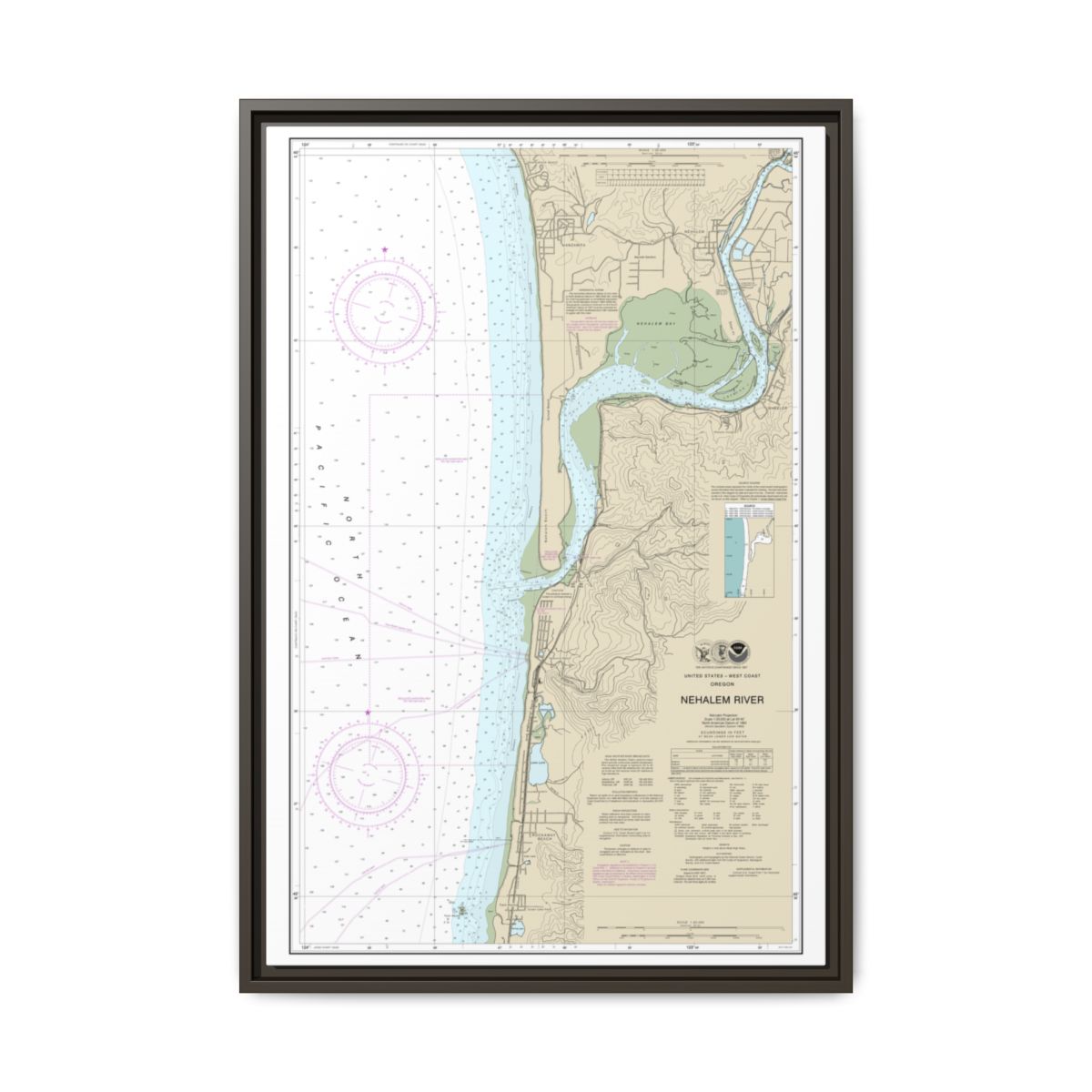 Chart 18556 Nehalem River - NOAA Nautical Chart Floating Frame Canvas | 20" x 30" | 24" x 36" | 32" x 48" - Espresso front