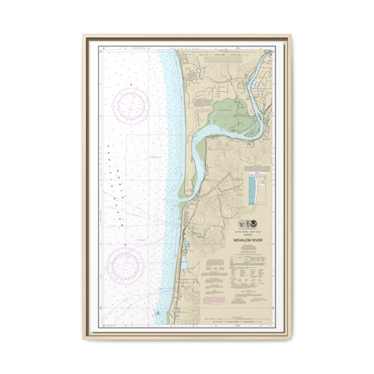 Chart 18556 Nehalem River - NOAA Nautical Chart Floating Frame Canvas | 20" x 30" | 24" x 36" | 32" x 48" - Natural front