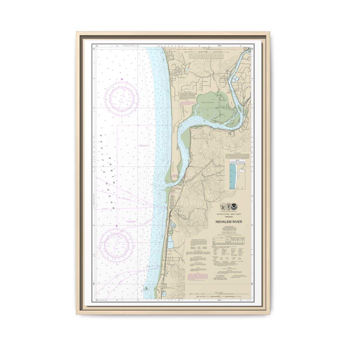 Chart 18556 Nehalem River - NOAA Nautical Chart Floating Frame Canvas | 20" x 30" | 24" x 36" | 32" x 48" - Natural front