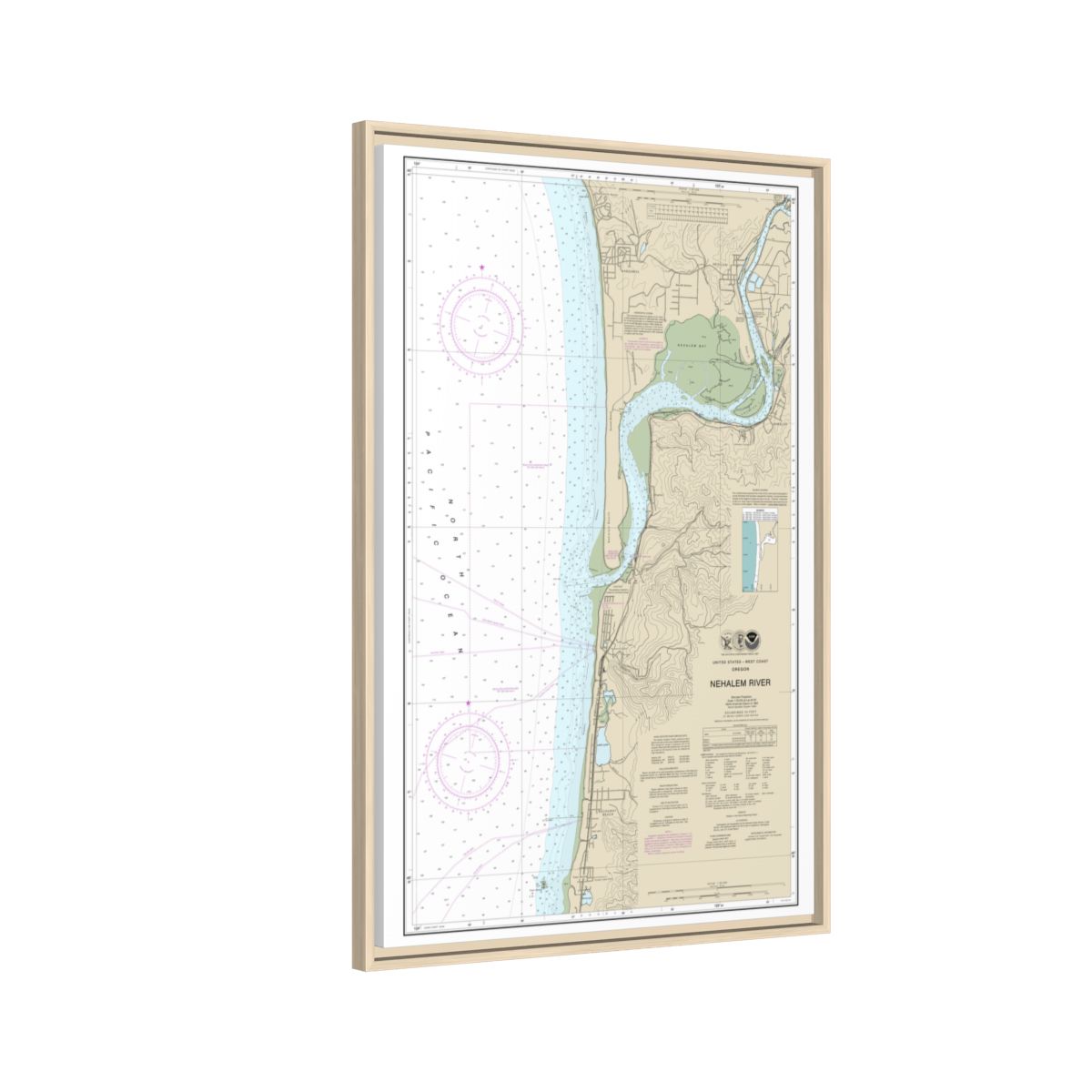 Chart 18556 Nehalem River - NOAA Nautical Chart Floating Frame Canvas | 20" x 30" | 24" x 36" | 32" x 48" - Natural side