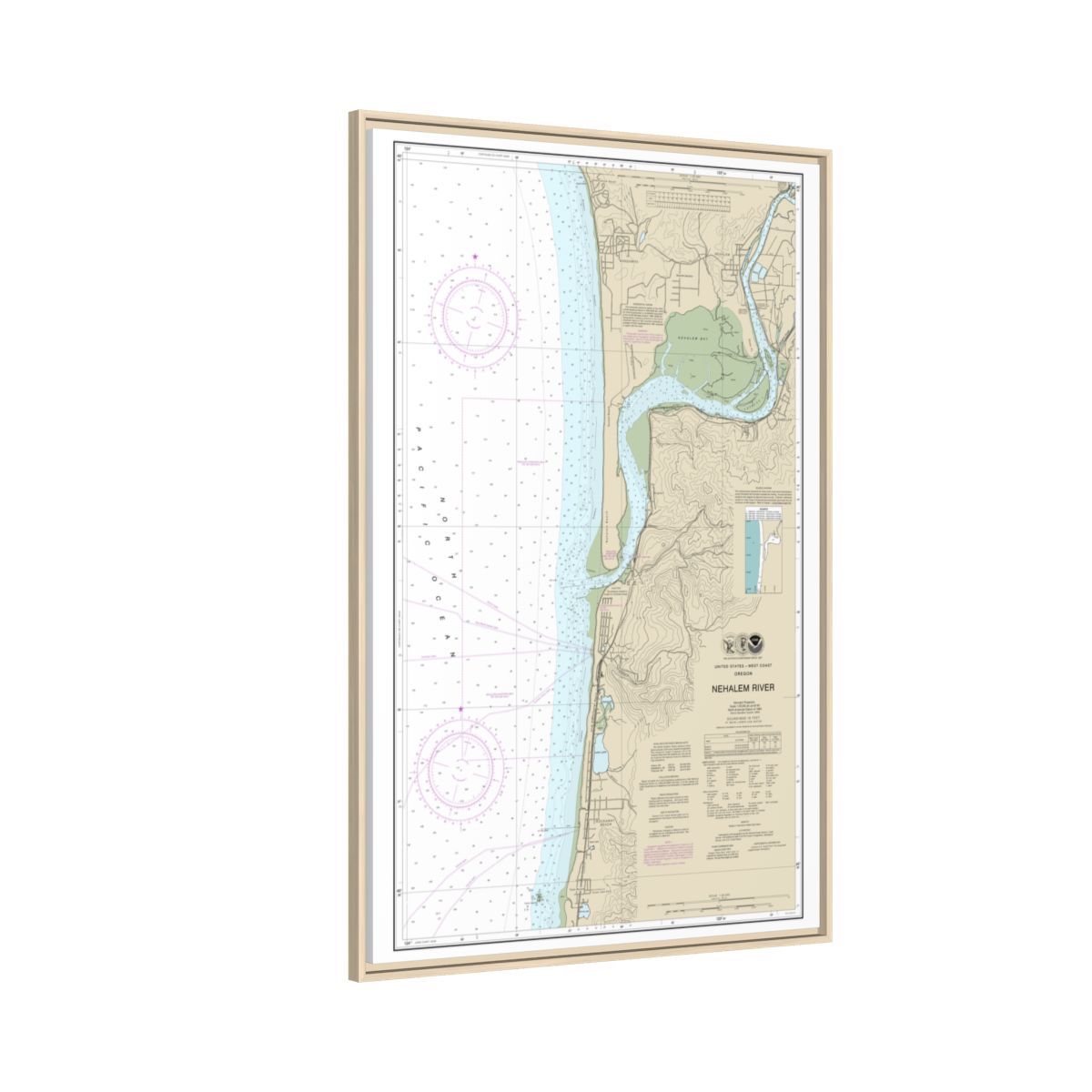 Chart 18556 Nehalem River - NOAA Nautical Chart Floating Frame Canvas | 20" x 30" | 24" x 36" | 32" x 48" - Natural side