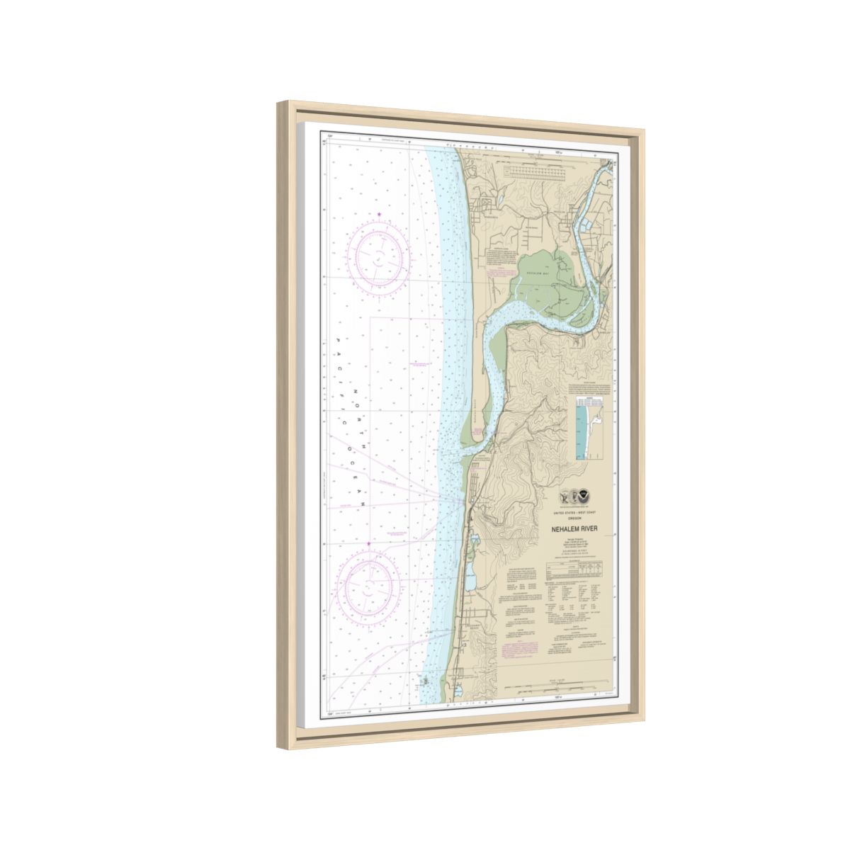 Chart 18556 Nehalem River - NOAA Nautical Chart Floating Frame Canvas | 20" x 30" | 24" x 36" | 32" x 48" - Natural side
