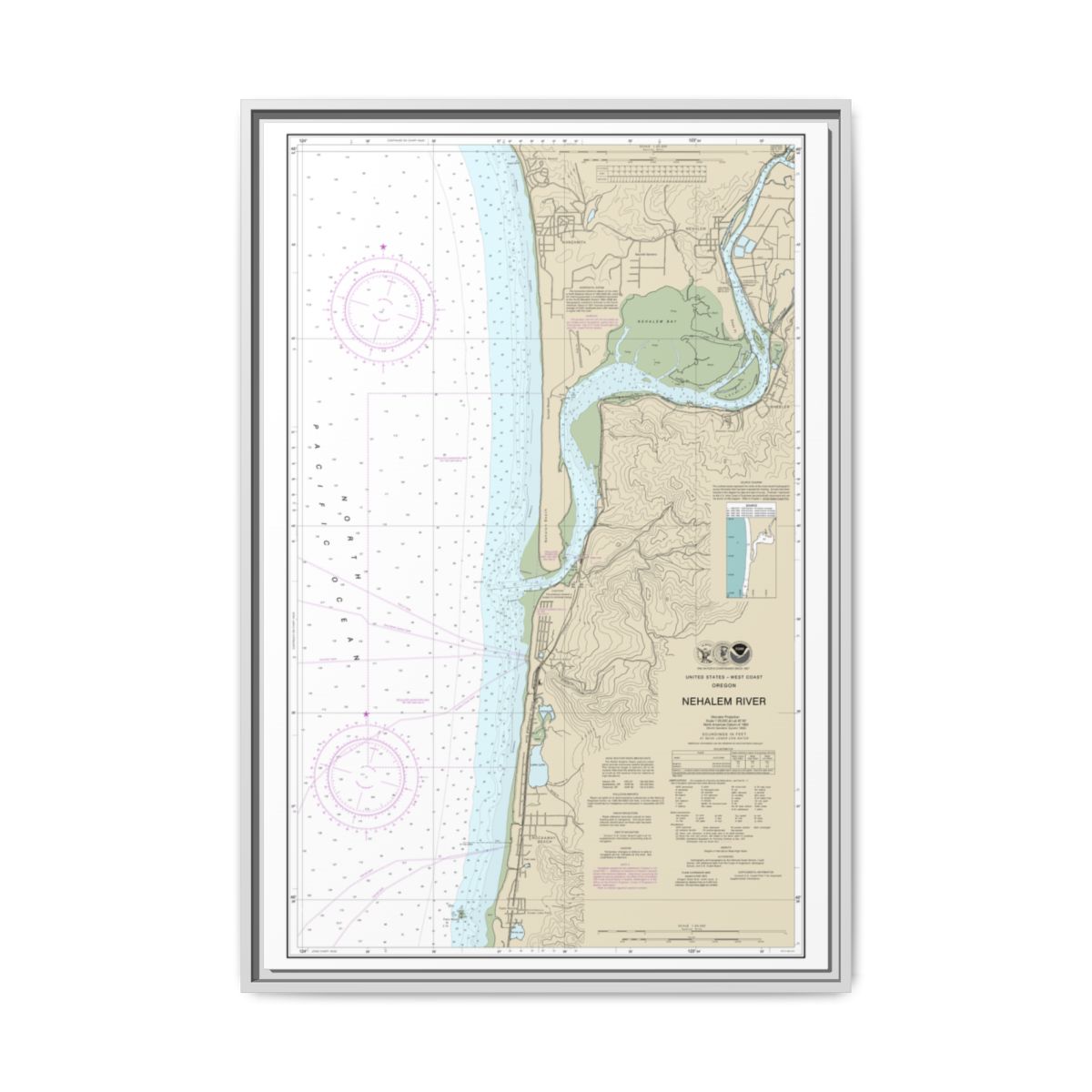 Chart 18556 Nehalem River - NOAA Nautical Chart Floating Frame Canvas | 20" x 30" | 24" x 36" | 32" x 48" - White front