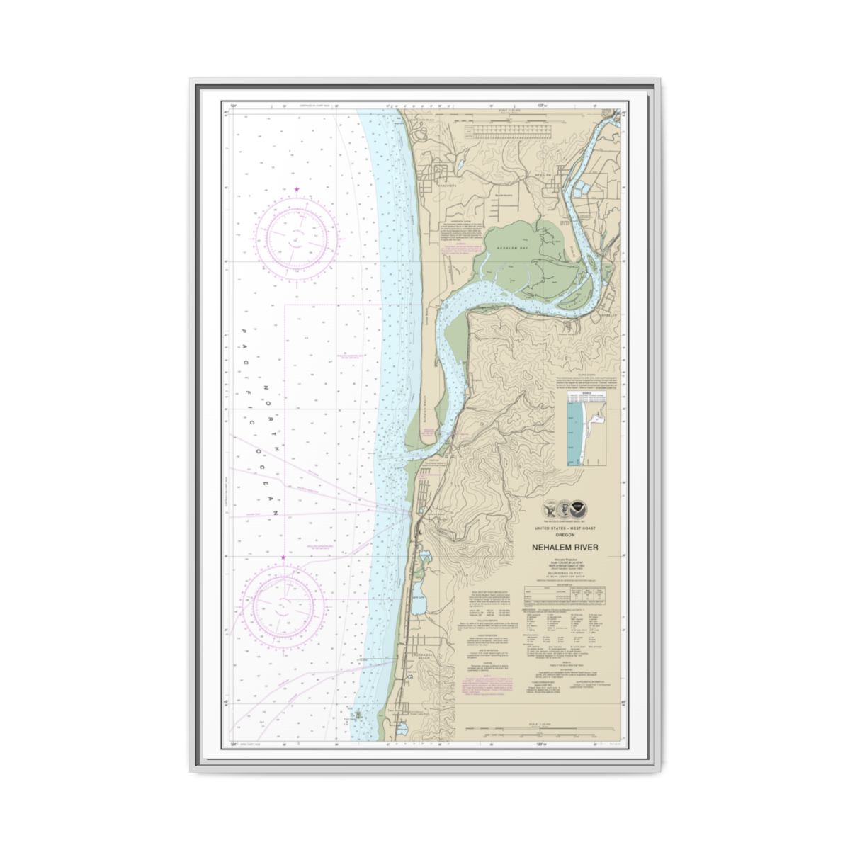 Chart 18556 Nehalem River - NOAA Nautical Chart Floating Frame Canvas | 20" x 30" | 24" x 36" | 32" x 48" - White front