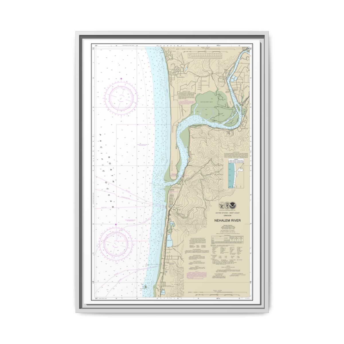 Chart 18556 Nehalem River - NOAA Nautical Chart Floating Frame Canvas | 20" x 30" | 24" x 36" | 32" x 48" - White front