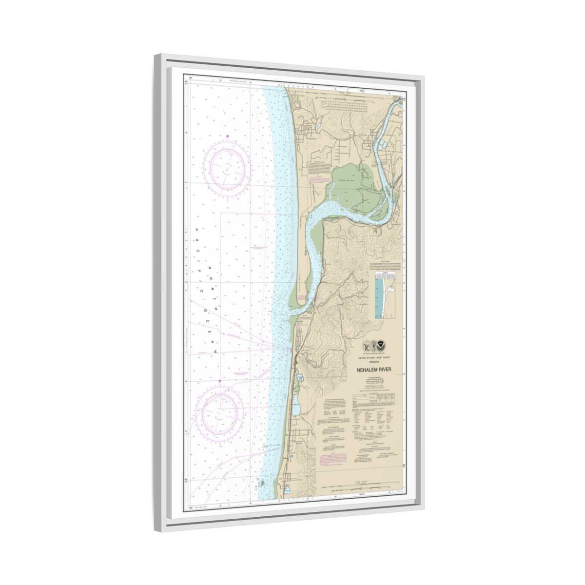 Chart 18556 Nehalem River - NOAA Nautical Chart Floating Frame Canvas | 20" x 30" | 24" x 36" | 32" x 48" - White side