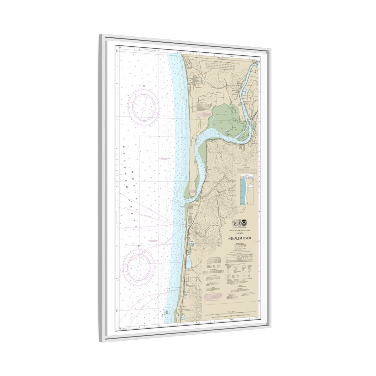 Chart 18556 Nehalem River - NOAA Nautical Chart Floating Frame Canvas | 20" x 30" | 24" x 36" | 32" x 48" - White side