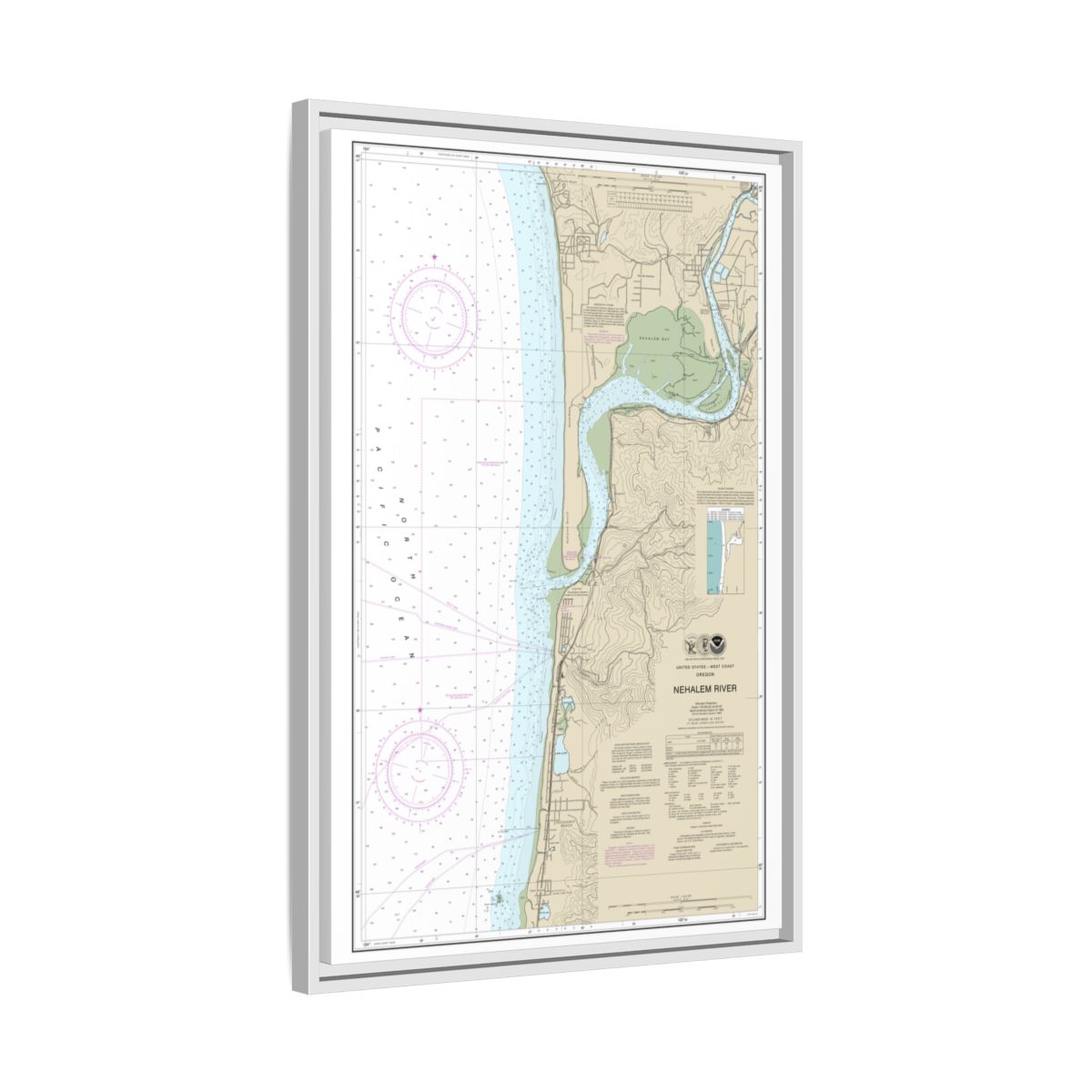 Chart 18556 Nehalem River - NOAA Nautical Chart Floating Frame Canvas | 20" x 30" | 24" x 36" | 32" x 48" - White side