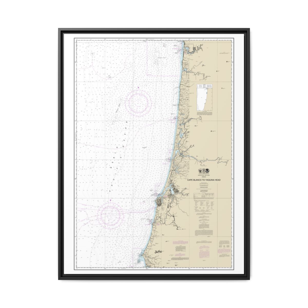 Chart 18580 Cape Blanco to Yaquina Head - NOAA Nautical Chart Floating Frame Canvas | 24" x 32" | 30" x 40" - Black front