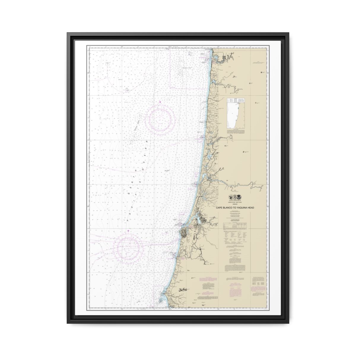 Chart 18580 Cape Blanco to Yaquina Head - NOAA Nautical Chart Floating Frame Canvas | 24" x 32" | 30" x 40" - Black front