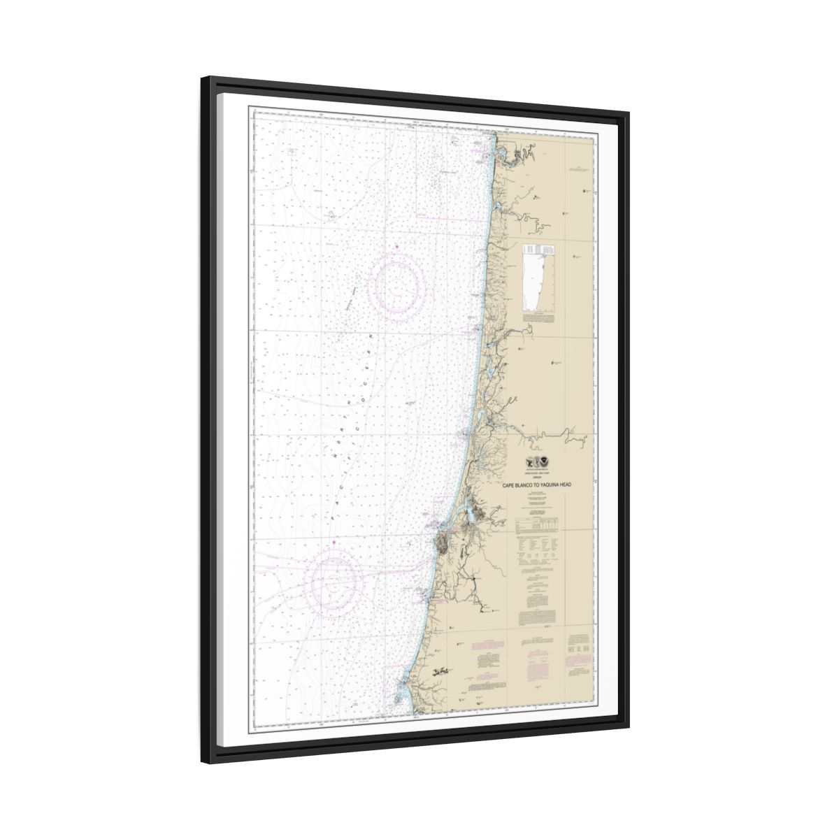 Chart 18580 Cape Blanco to Yaquina Head - NOAA Nautical Chart Floating Frame Canvas | 24" x 32" | 30" x 40" - Black side