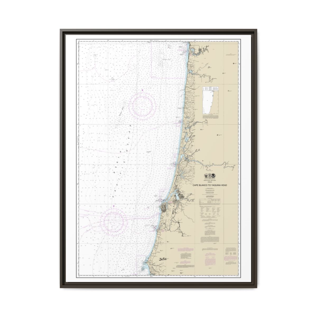 Chart 18580 Cape Blanco to Yaquina Head - NOAA Nautical Chart Floating Frame Canvas | 24" x 32" | 30" x 40" - Espresso front