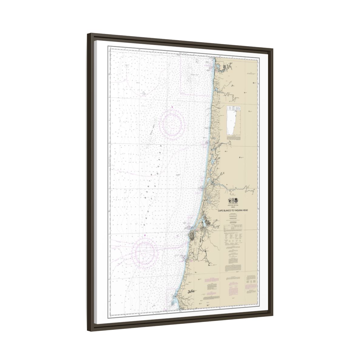 Chart 18580 Cape Blanco to Yaquina Head - NOAA Nautical Chart Floating Frame Canvas | 24" x 32" | 30" x 40" - Espresso side