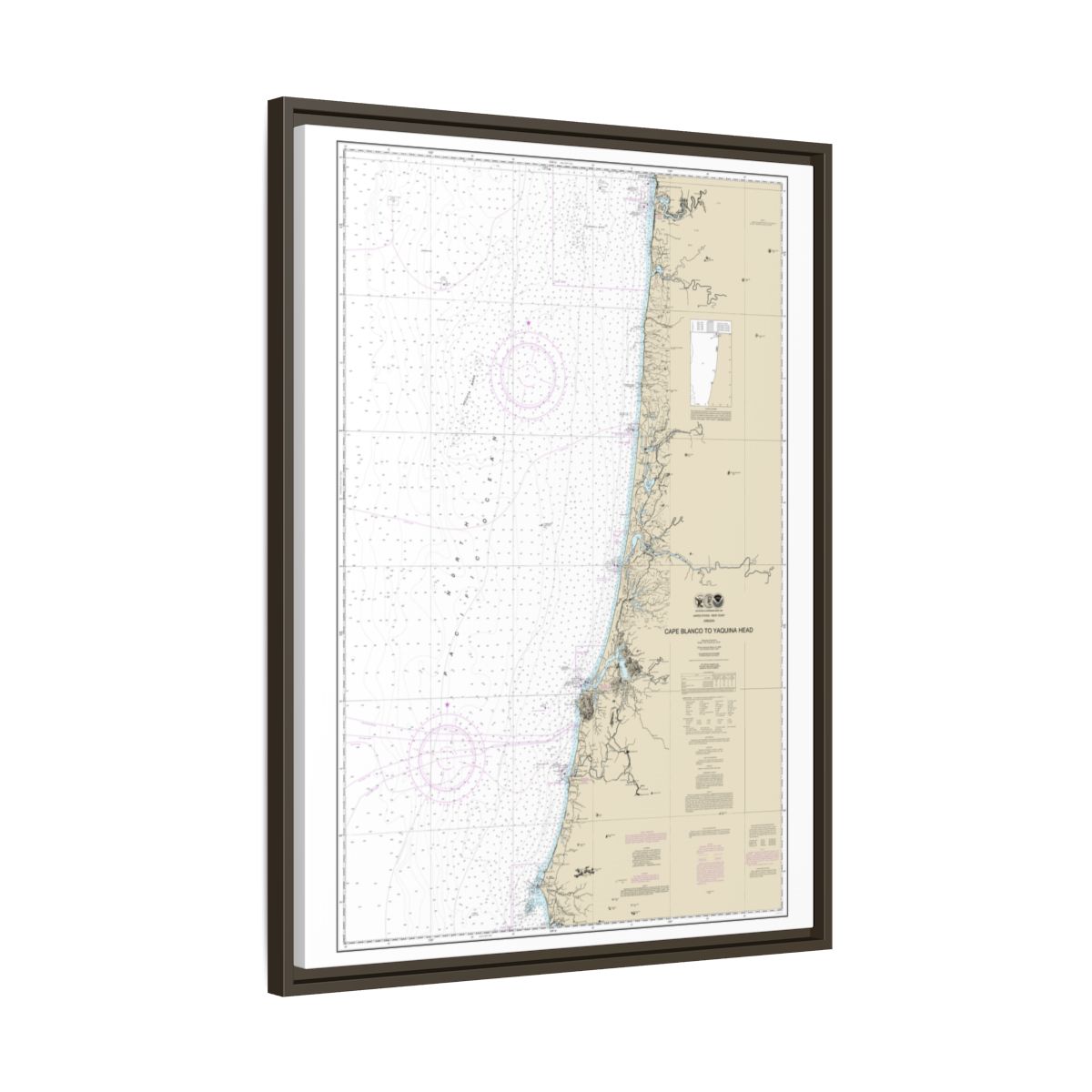 Chart 18580 Cape Blanco to Yaquina Head - NOAA Nautical Chart Floating Frame Canvas | 24" x 32" | 30" x 40" - Espresso side