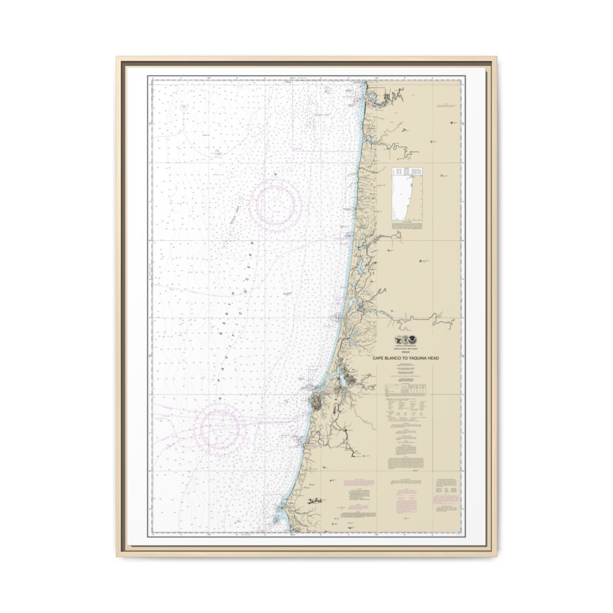 Chart 18580 Cape Blanco to Yaquina Head - NOAA Nautical Chart Floating Frame Canvas | 24" x 32" | 30" x 40" - Natural front