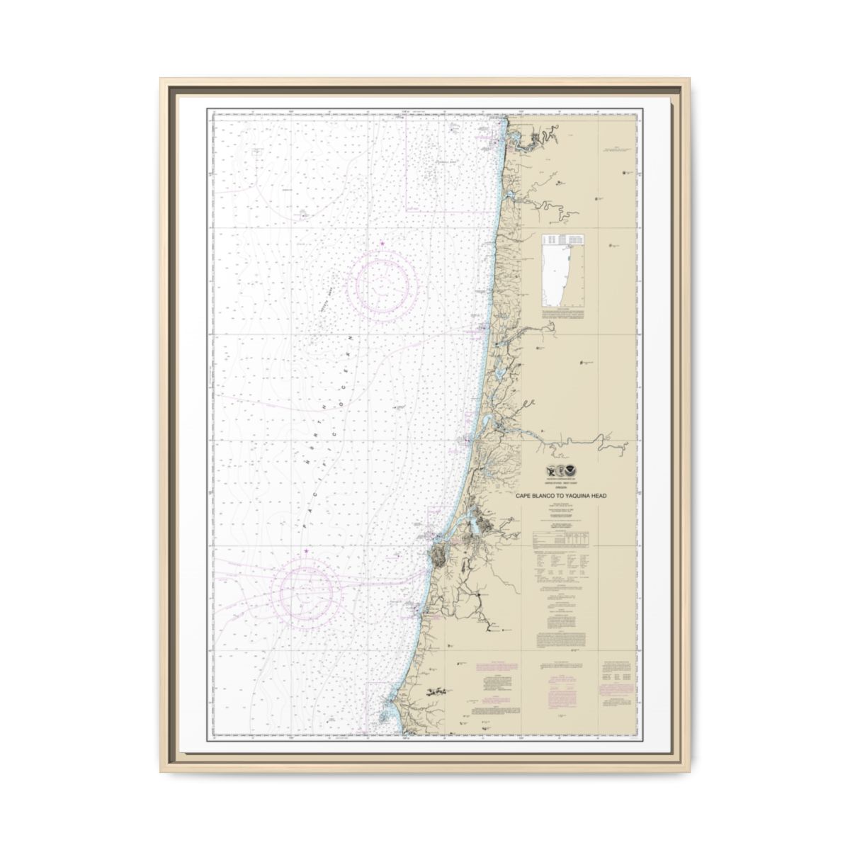 Chart 18580 Cape Blanco to Yaquina Head - NOAA Nautical Chart Floating Frame Canvas | 24" x 32" | 30" x 40" - Natural front