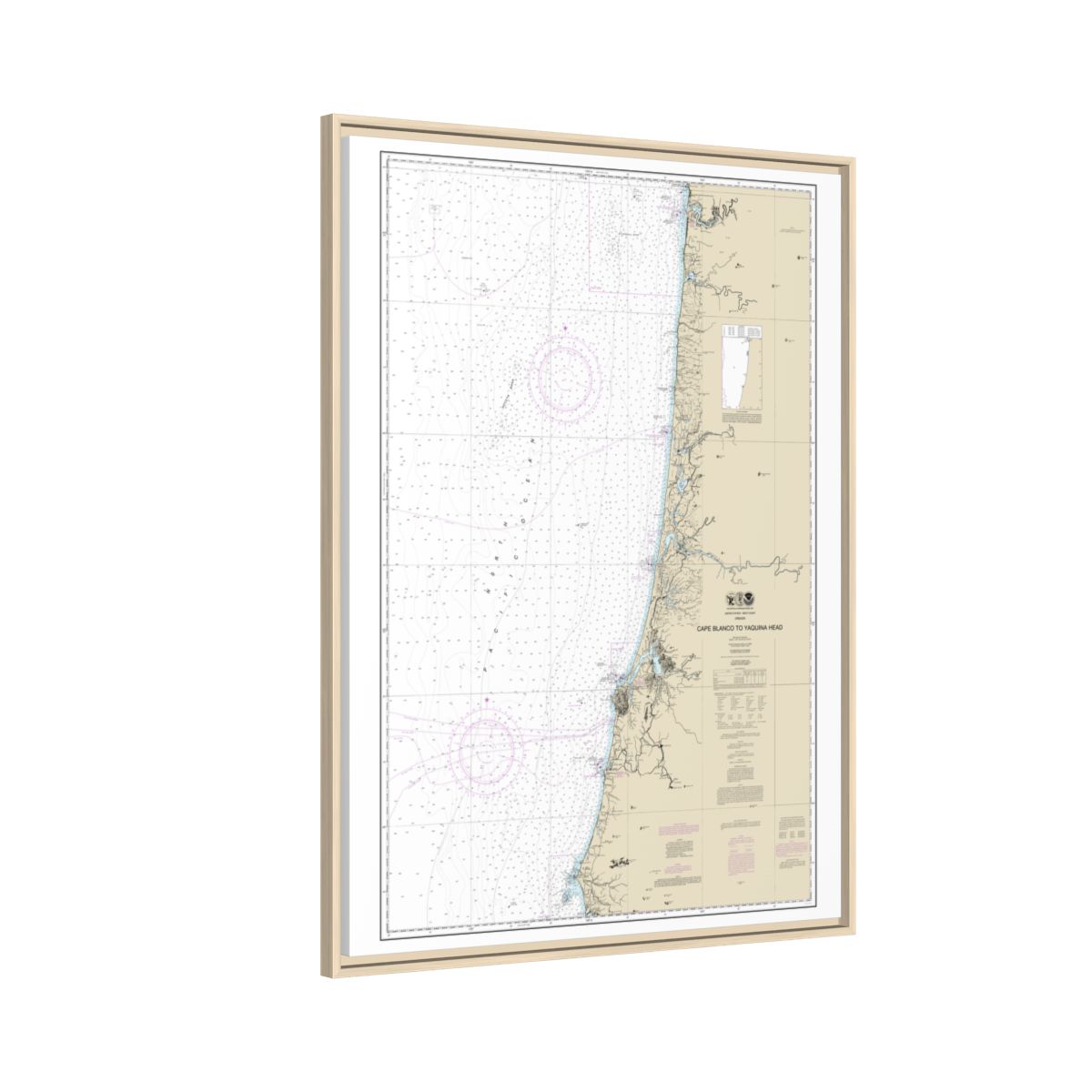 Chart 18580 Cape Blanco to Yaquina Head - NOAA Nautical Chart Floating Frame Canvas | 24" x 32" | 30" x 40" - Natural side