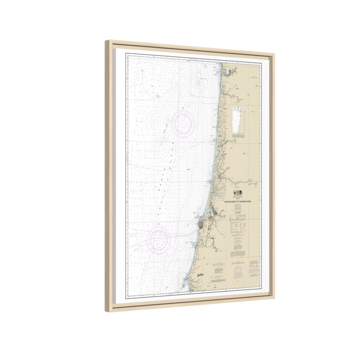 Chart 18580 Cape Blanco to Yaquina Head - NOAA Nautical Chart Floating Frame Canvas | 24" x 32" | 30" x 40" - Natural side