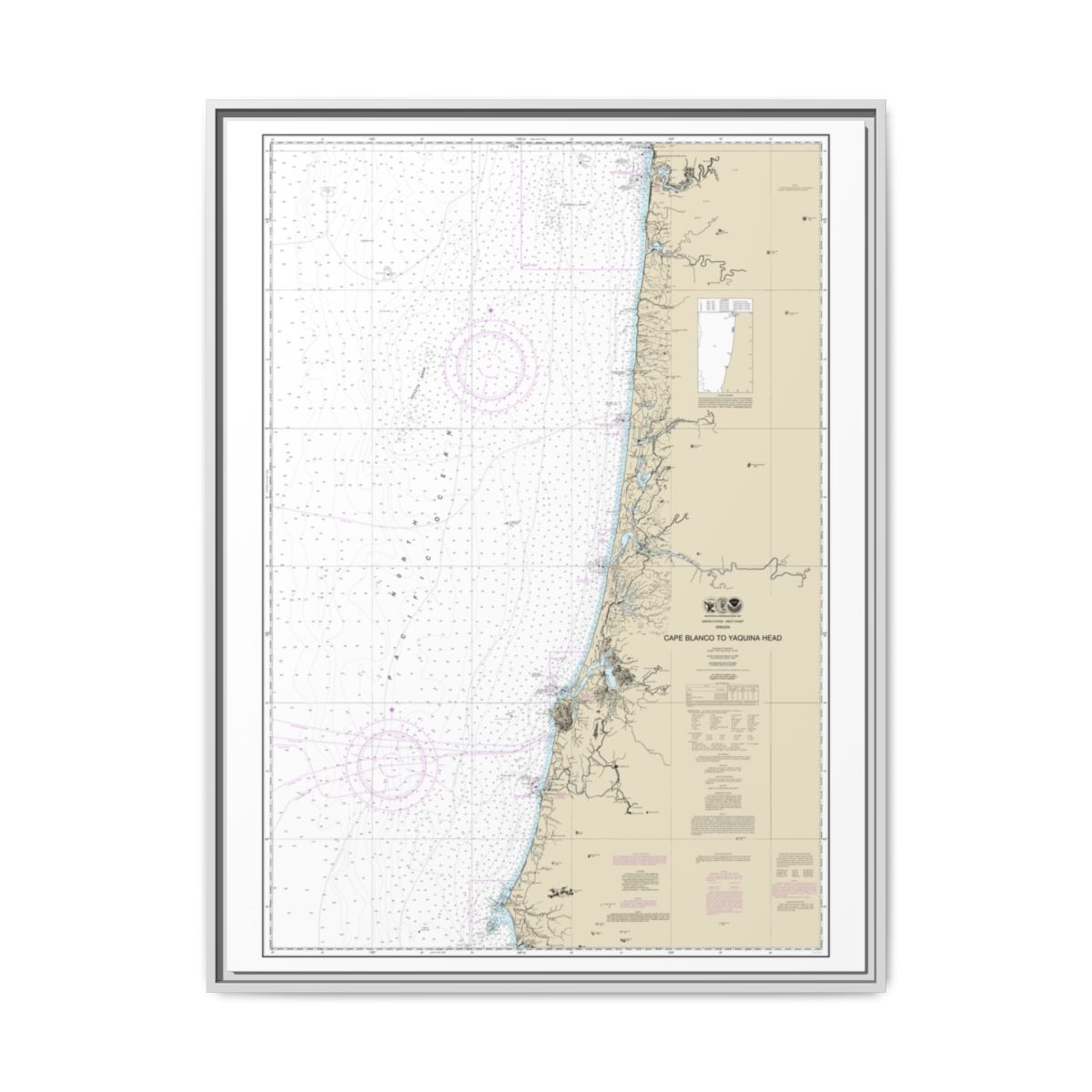 Chart 18580 Cape Blanco to Yaquina Head - NOAA Nautical Chart Floating Frame Canvas | 24" x 32" | 30" x 40" - White front