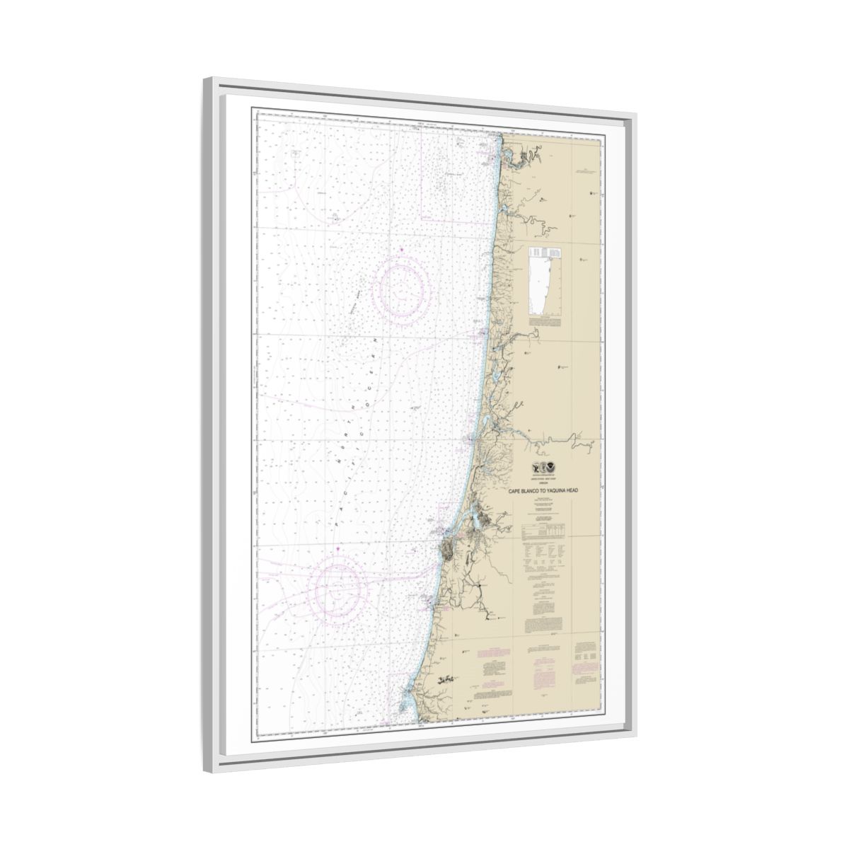 Chart 18580 Cape Blanco to Yaquina Head - NOAA Nautical Chart Floating Frame Canvas | 24" x 32" | 30" x 40" - White side