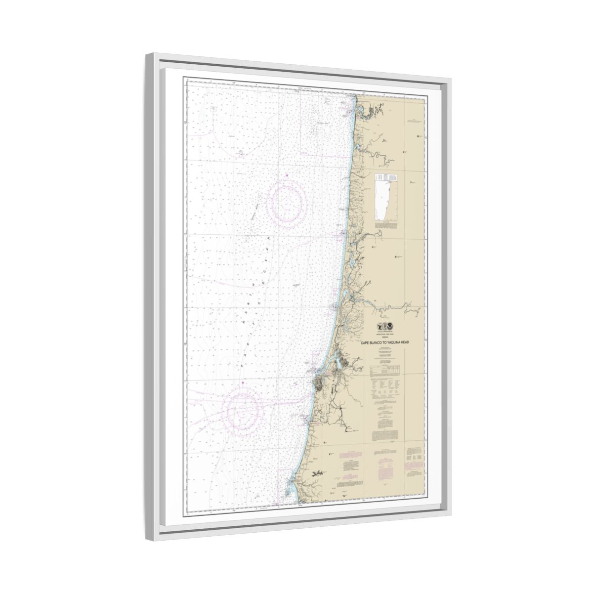Chart 18580 Cape Blanco to Yaquina Head - NOAA Nautical Chart Floating Frame Canvas | 24" x 32" | 30" x 40" - White side