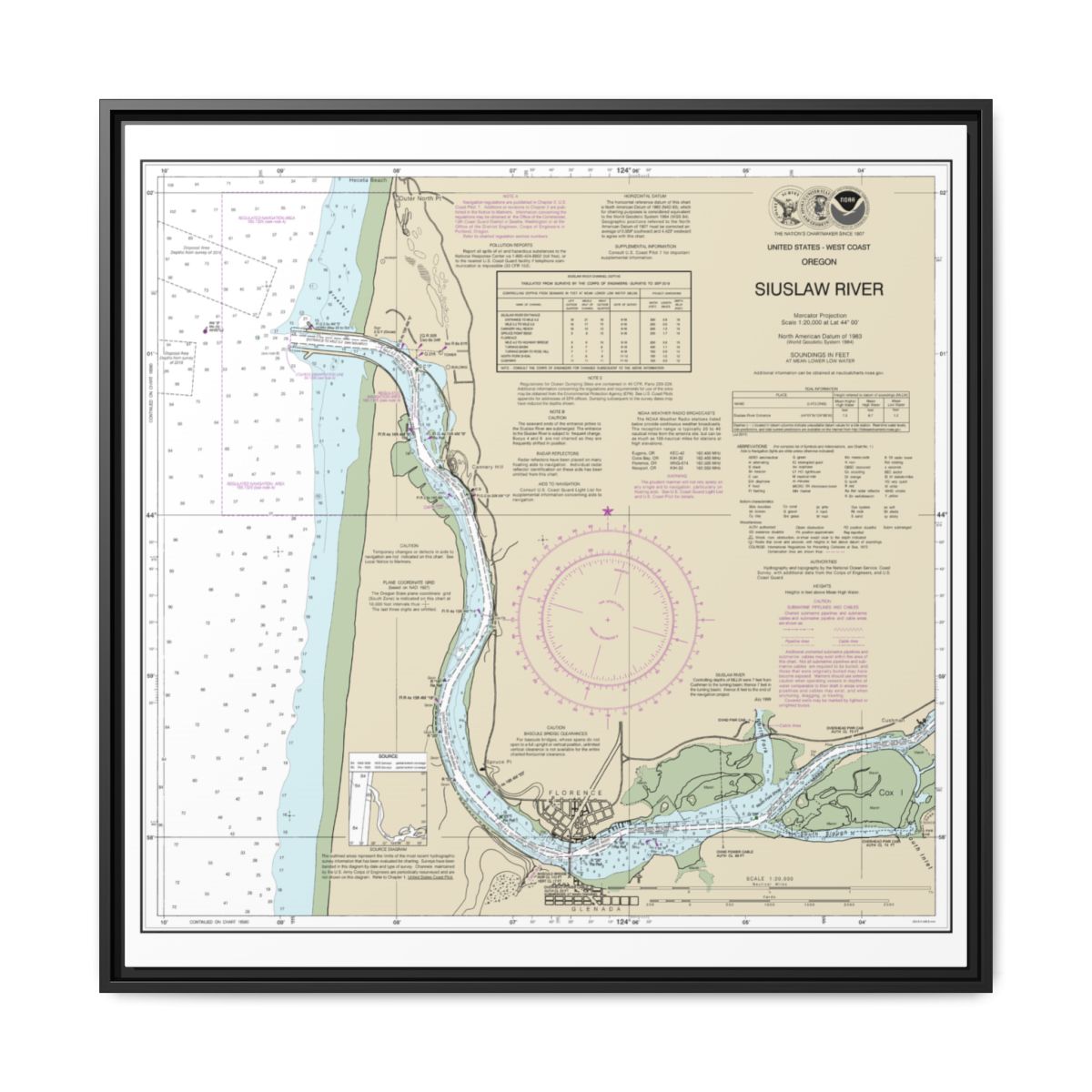 Chart 18583 Siuslaw River - NOAA Nautical Chart Floating Frame Canvas | 32" x 32" - Black front