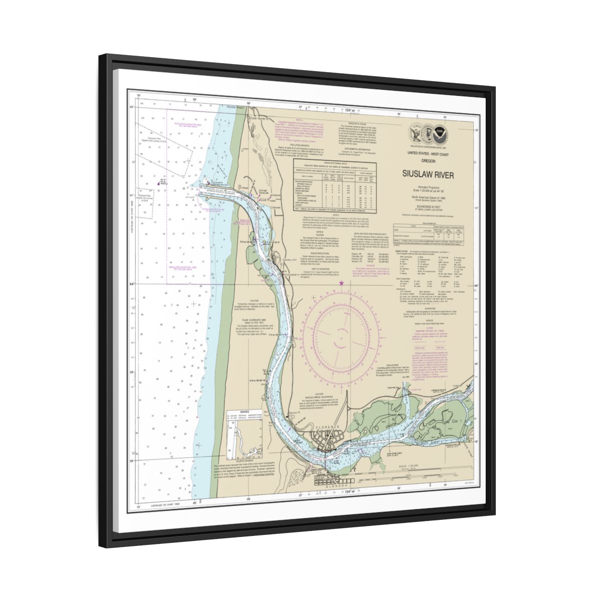 Chart 18583 Siuslaw River - NOAA Nautical Chart Floating Frame Canvas | 32" x 32" - Black side