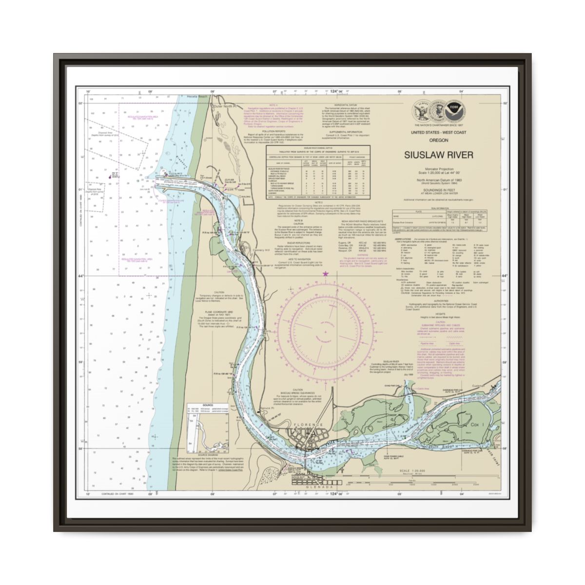 Chart 18583 Siuslaw River - NOAA Nautical Chart Floating Frame Canvas | 32" x 32" - Espresso front