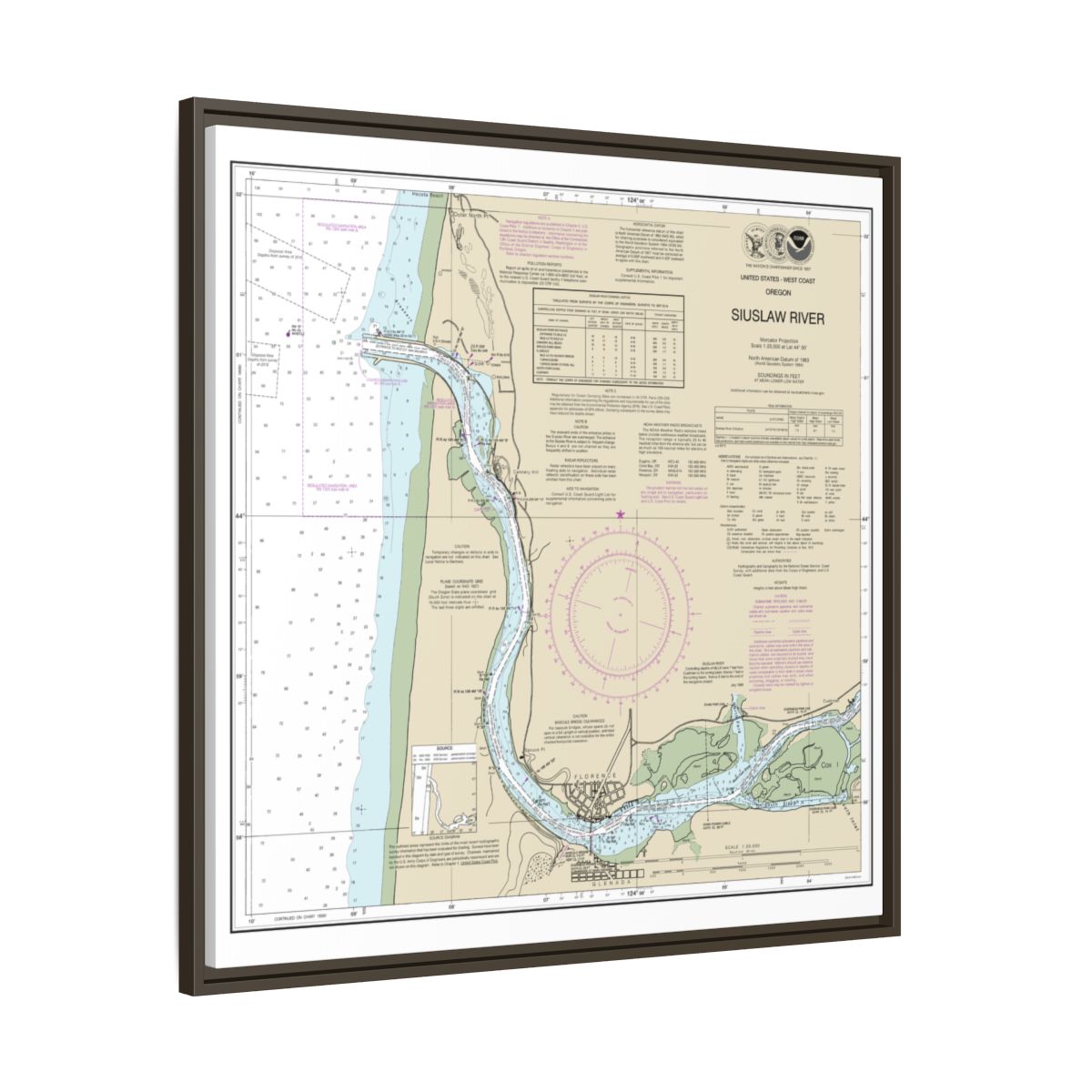 Chart 18583 Siuslaw River - NOAA Nautical Chart Floating Frame Canvas | 32" x 32" - Espresso side