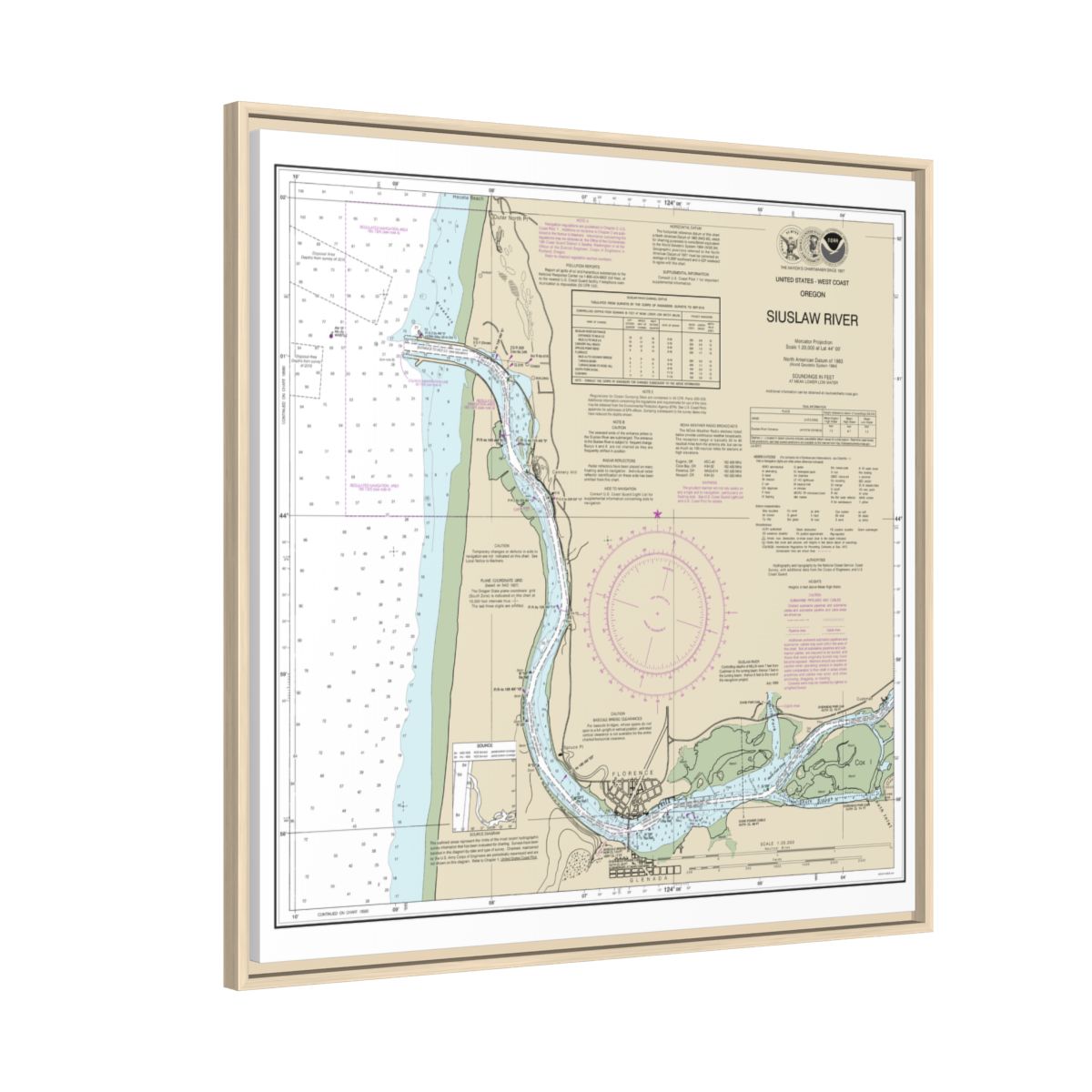 Chart 18583 Siuslaw River - NOAA Nautical Chart Floating Frame Canvas | 32" x 32" - Natural side