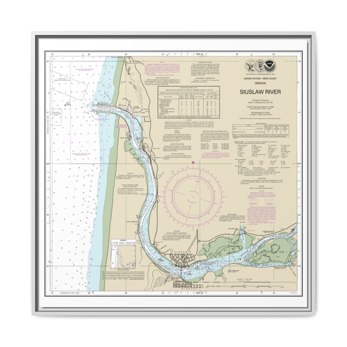 Chart 18583 Siuslaw River - NOAA Nautical Chart Floating Frame Canvas | 32" x 32" - White front