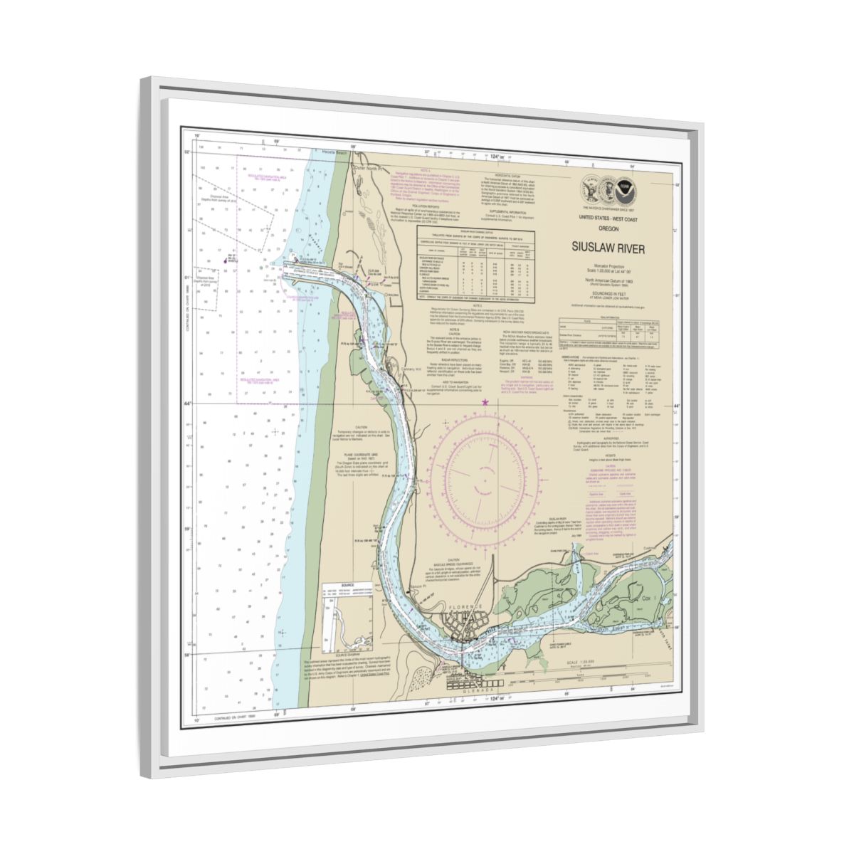 Chart 18583 Siuslaw River - NOAA Nautical Chart Floating Frame Canvas | 32" x 32" - White side