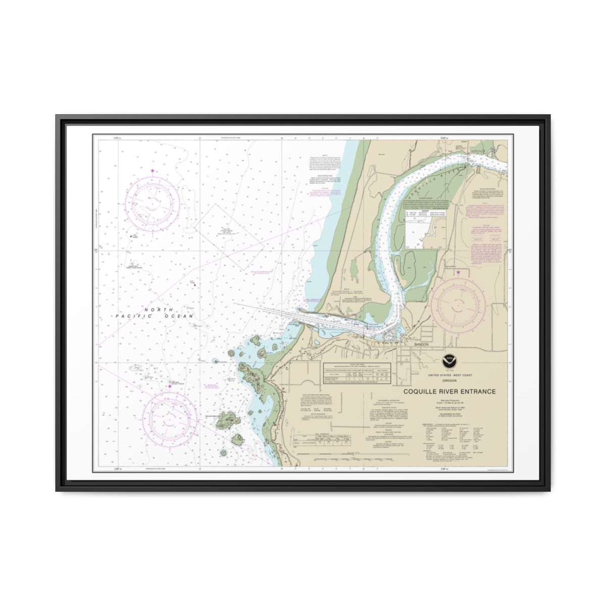 Chart 18588 Coquille River Entrance - NOAA Nautical Chart Floating Frame Canvas | 32" x 24" | 40" x 30" - Black front