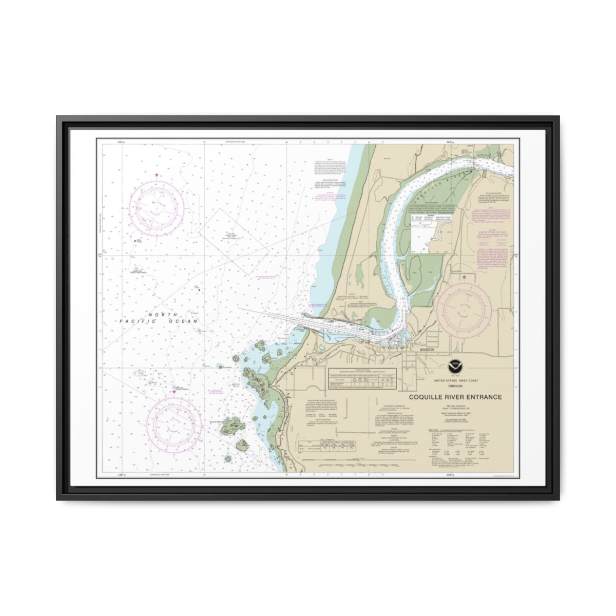 Chart 18588 Coquille River Entrance - NOAA Nautical Chart Floating Frame Canvas | 32" x 24" | 40" x 30" - Black front