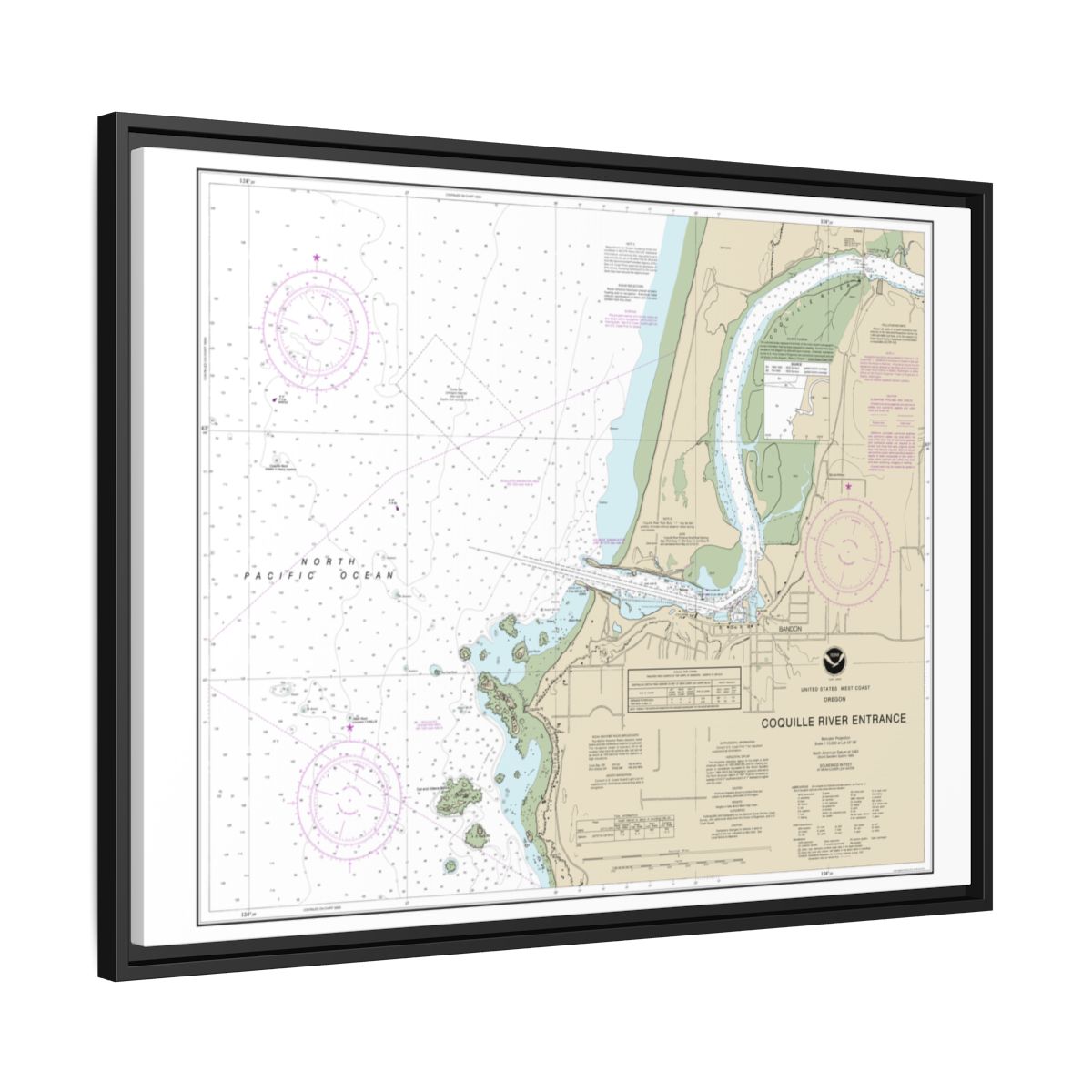 Chart 18588 Coquille River Entrance - NOAA Nautical Chart Floating Frame Canvas | 32" x 24" | 40" x 30" - Black side