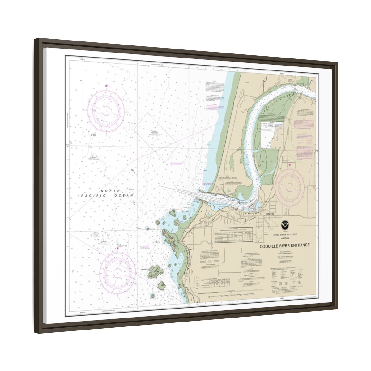 Chart 18588 Coquille River Entrance - NOAA Nautical Chart Floating Frame Canvas | 32" x 24" | 40" x 30" - Espresso side
