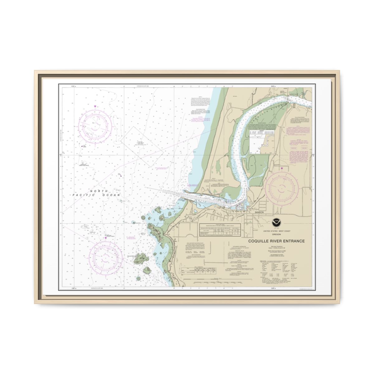 Chart 18588 Coquille River Entrance - NOAA Nautical Chart Floating Frame Canvas | 32" x 24" | 40" x 30" - Natural front