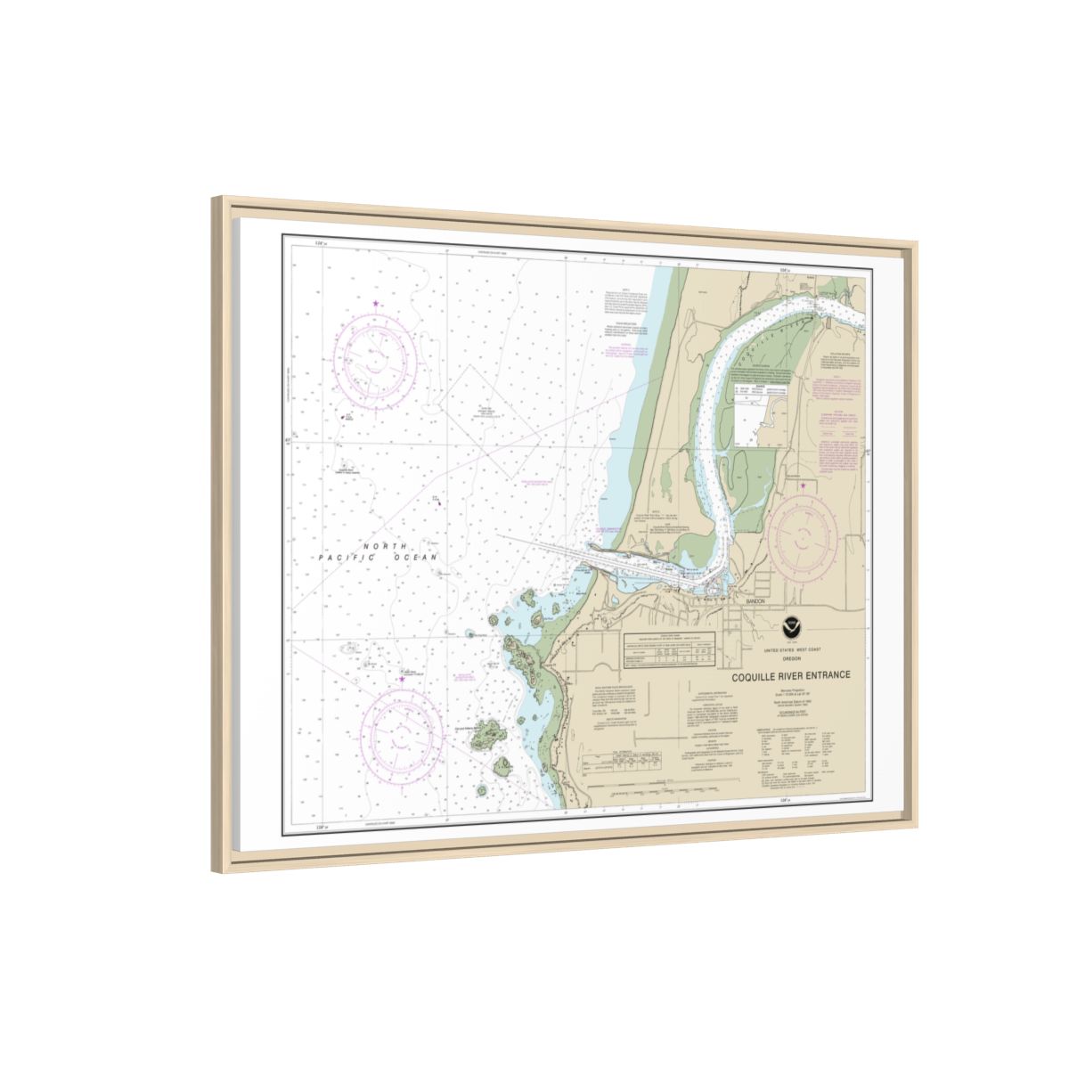 Chart 18588 Coquille River Entrance - NOAA Nautical Chart Floating Frame Canvas | 32" x 24" | 40" x 30" - Natural side