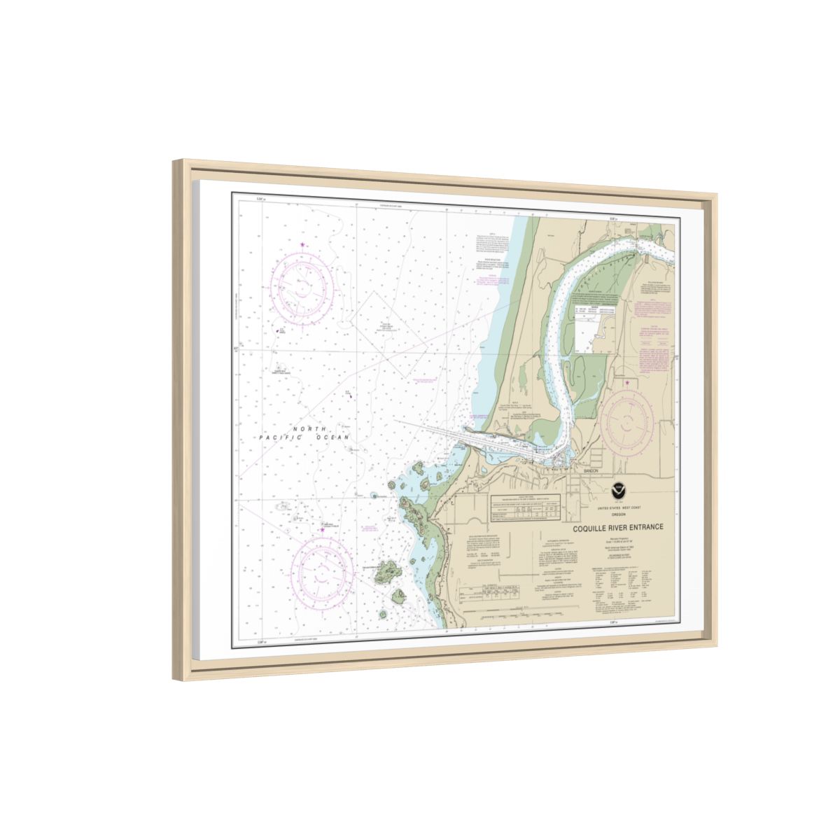 Chart 18588 Coquille River Entrance - NOAA Nautical Chart Floating Frame Canvas | 32" x 24" | 40" x 30" - Natural side