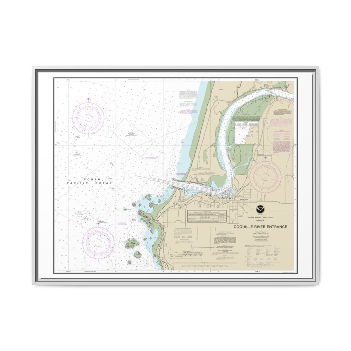 Chart 18588 Coquille River Entrance - NOAA Nautical Chart Floating Frame Canvas | 32" x 24" | 40" x 30" - White front