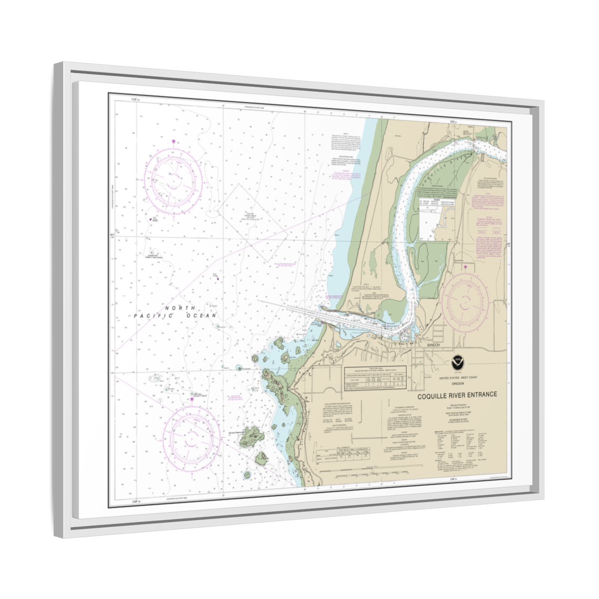 Chart 18588 Coquille River Entrance - NOAA Nautical Chart Floating Frame Canvas | 32" x 24" | 40" x 30" - White side