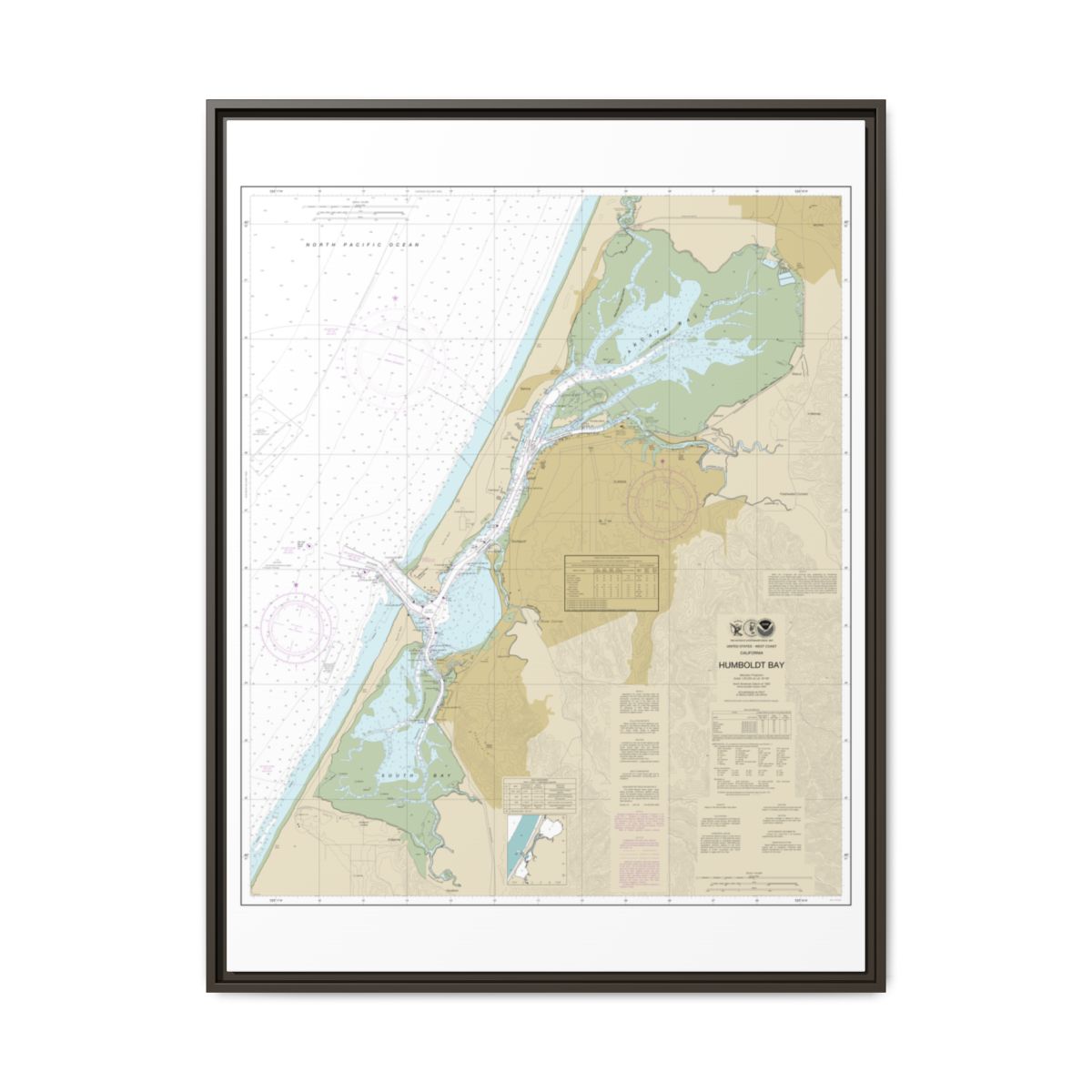 Chart 18622 Humboldt Bay - NOAA Nautical Chart Floating Frame Canvas | 24" x 32" | 30" x 40" - Espresso front