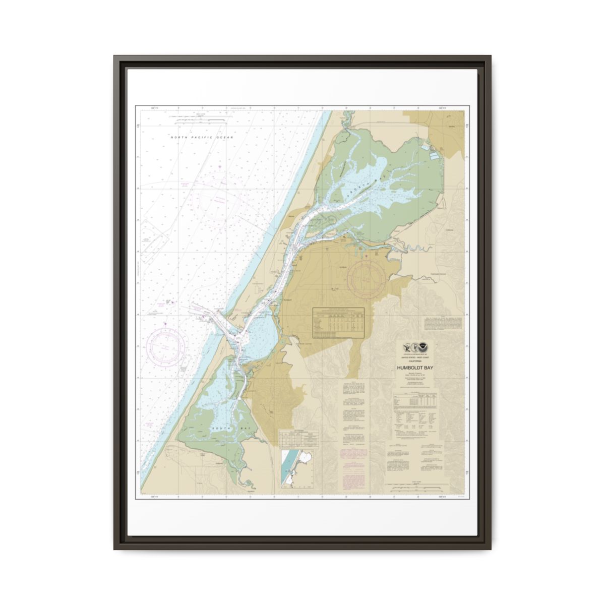 Chart 18622 Humboldt Bay - NOAA Nautical Chart Floating Frame Canvas | 24" x 32" | 30" x 40" - Espresso front