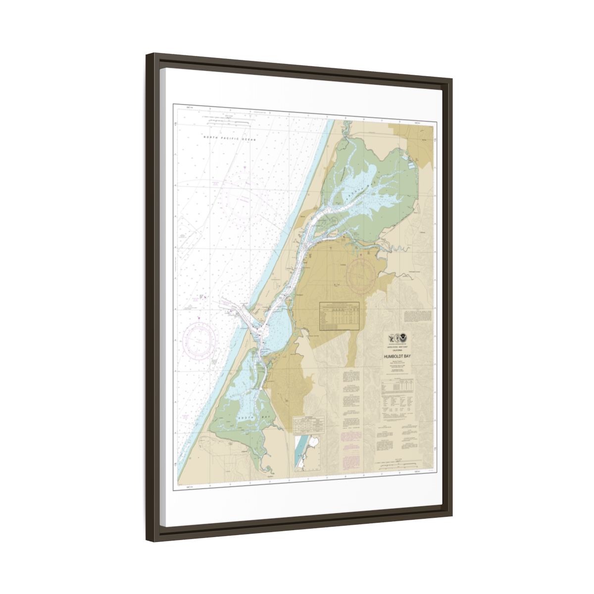 Chart 18622 Humboldt Bay - NOAA Nautical Chart Floating Frame Canvas | 24" x 32" | 30" x 40" - Espresso side